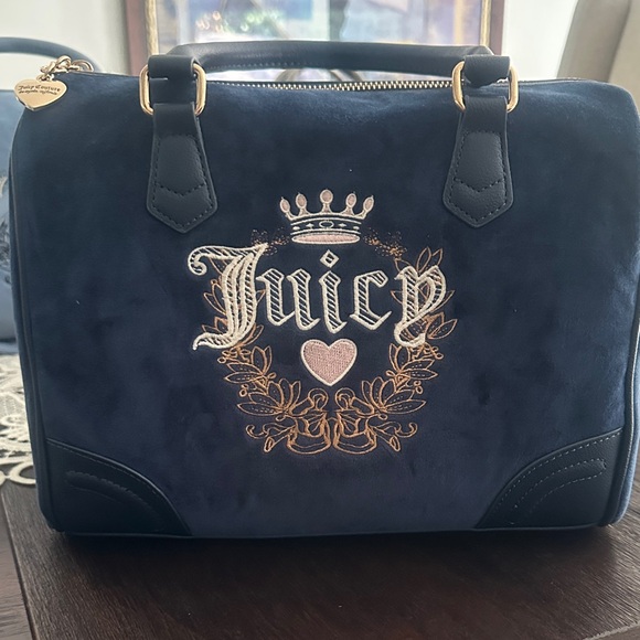 Juicy Couture Dark Blue Velvet Satchel with Gold Accents NWOT - Picture 1 of 6